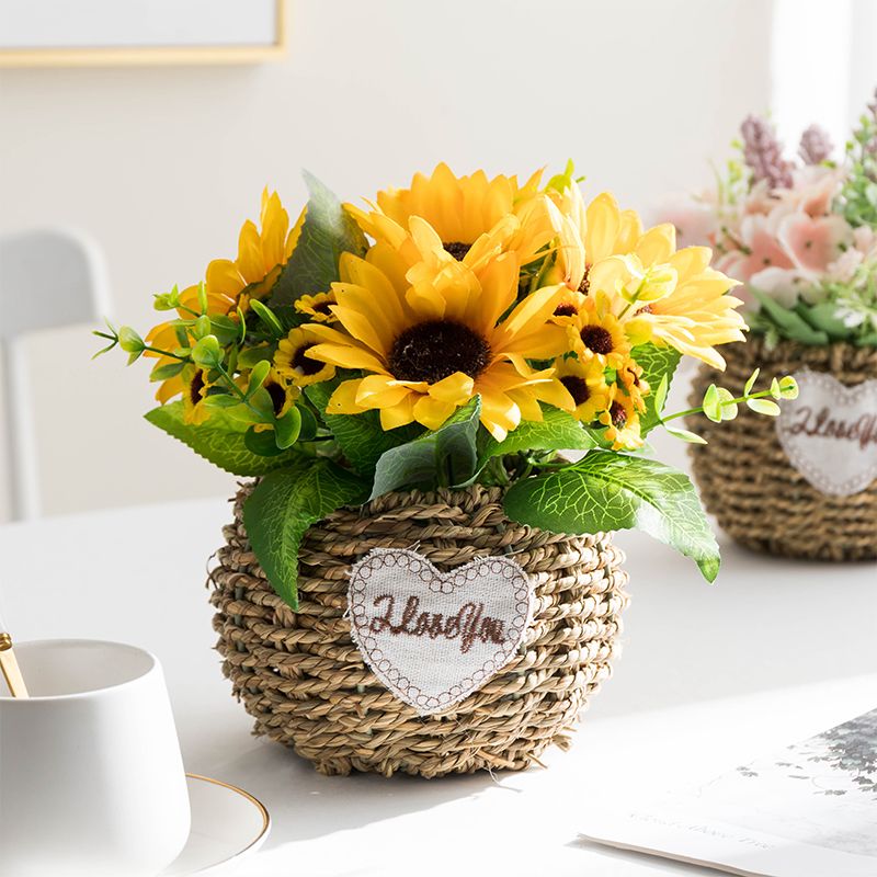 北欧风草编花篮仿真花花束清新装饰品客厅卧室办公室室内桌面摆件 虎窝拼