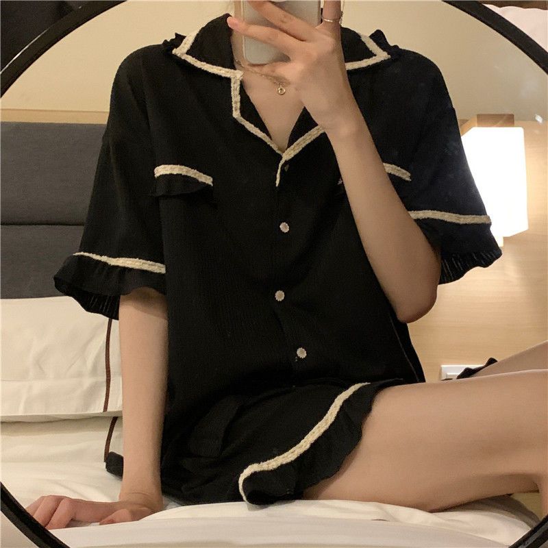 Ins summer lapel double-breasted wooden ear trim short-sleeved trousers pajamas simple black home service women's suit