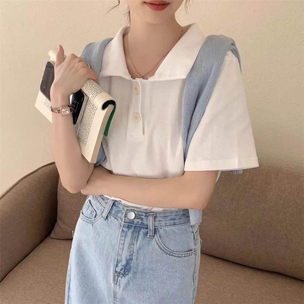 Containing cotton 2024 spring and summer new style slimming simple temperament POLO collar solid color versatile top clothes trendy short-sleeved T-shirt for women