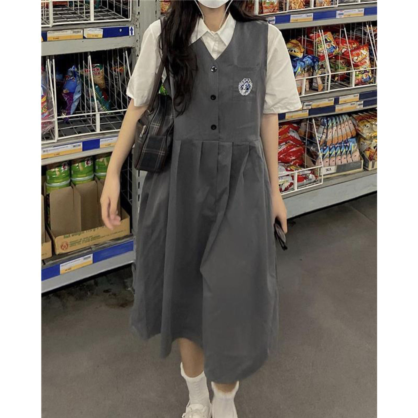 【高品質】兩件套裝學院風夏新款徽章百褶背帶裙子連衣裙短袖襯衫