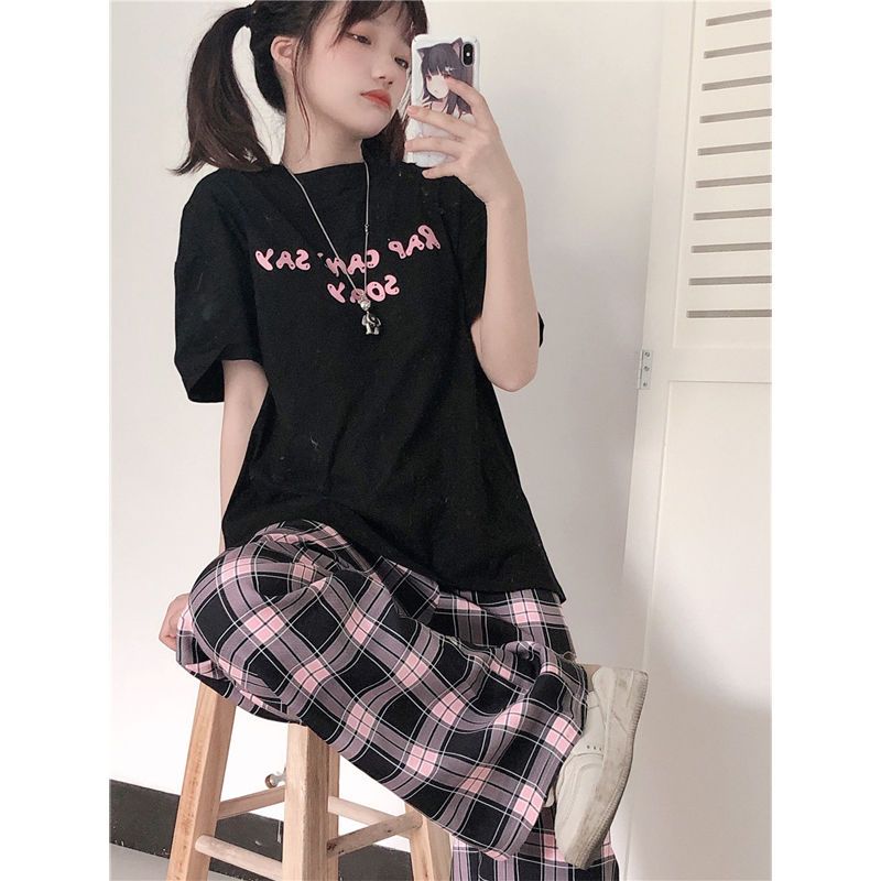 Cute little cool cover Korean two-piece suit female lazy style loose short-sleeved T-shirt + retro plaid casual wide-leg pants