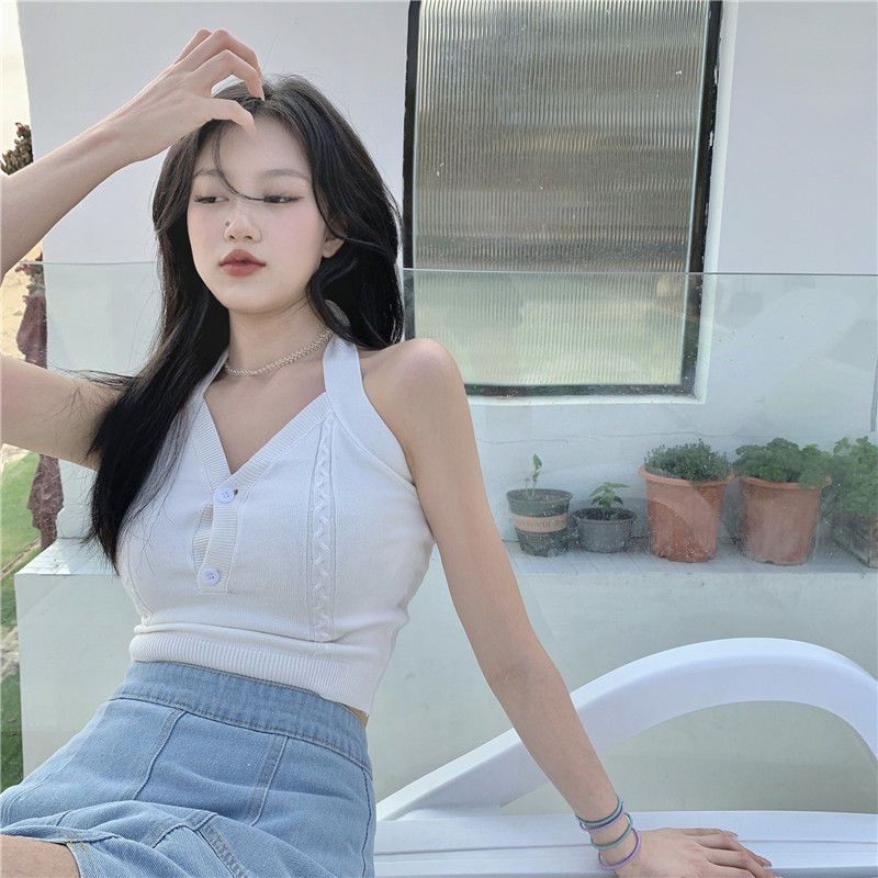 Retro knitted halter neck small camisole women's clothing summer outerwear pure desire wind sweet wrap chest pink inner top