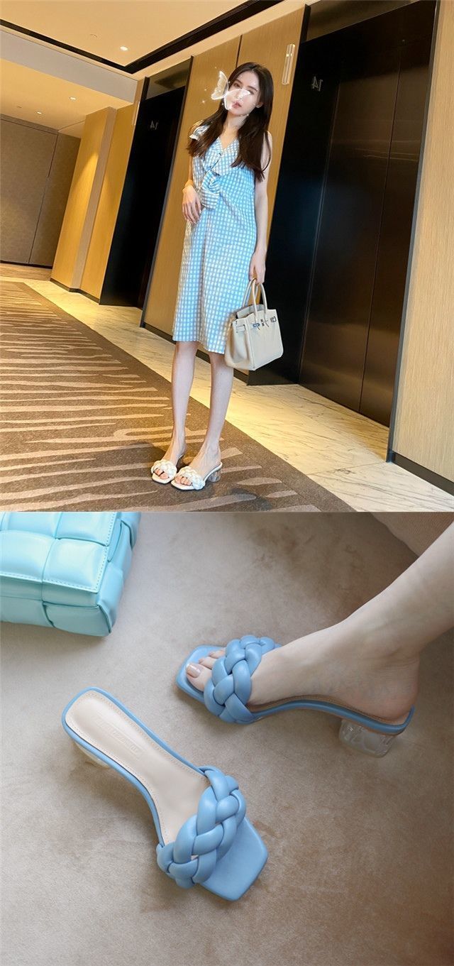 高跟鞋 涼拖鞋女外穿ins潮2022新款夏天時尚水晶跟百搭粗跟中跟拖鞋藍色