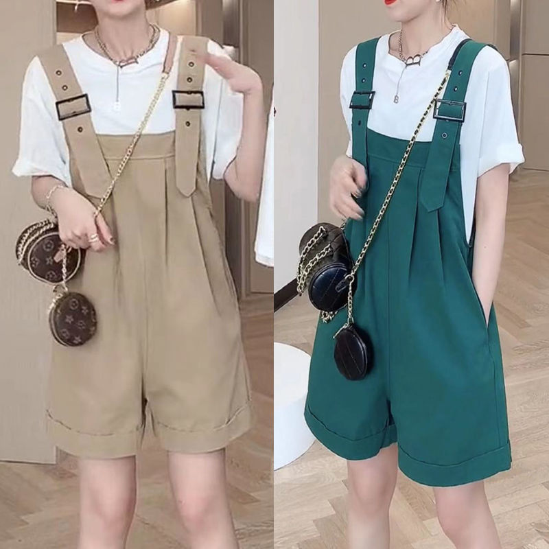Large short sleeve T-shirt set women's 2022 summer new exotic age reduced high waist wide leg strap shorts two piece set [to be delivered within 5 days]
