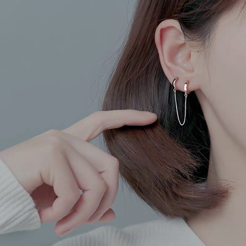 双耳洞耳圈S925纯银连体耳环耳扣双耳洞一体式耳线女两个耳洞耳链