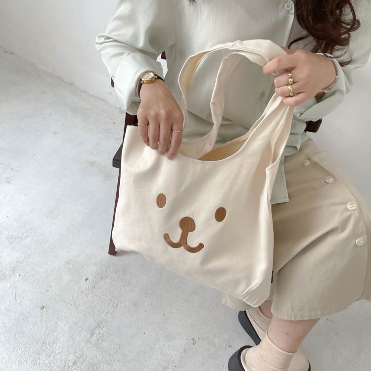 Bag female  new canvas bag cute embroidery bear student large capacity class shoulder bag handbag