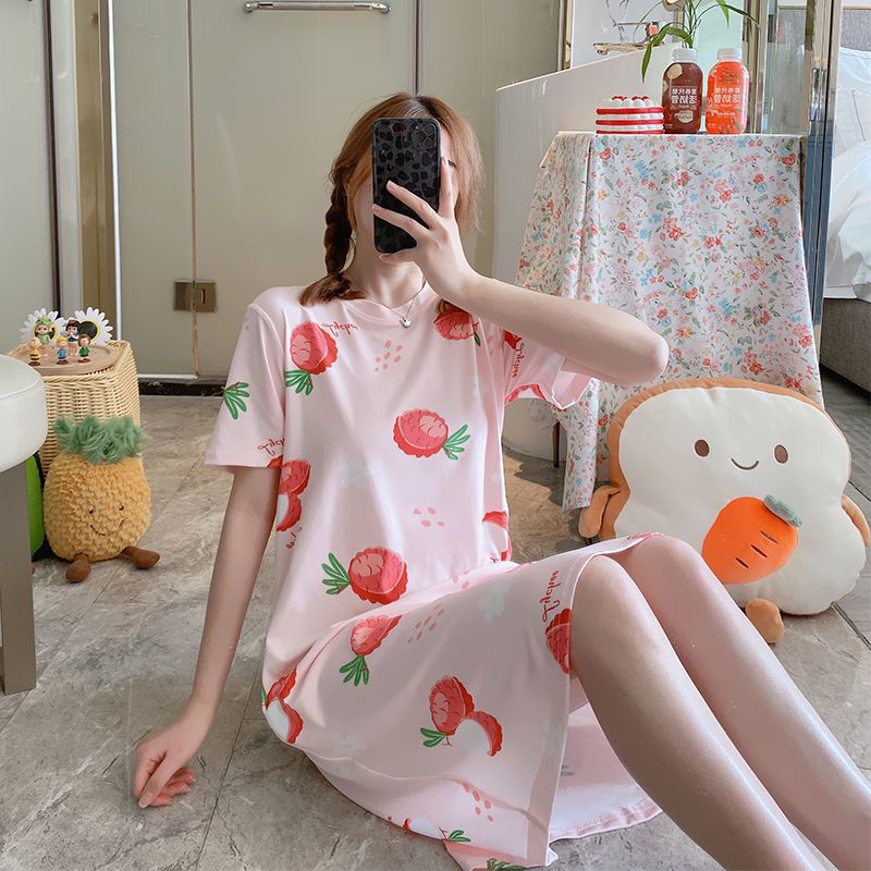 睡衣女夏大码新款可爱韩版卡通短袖睡裙女夏季学生可外穿家居服