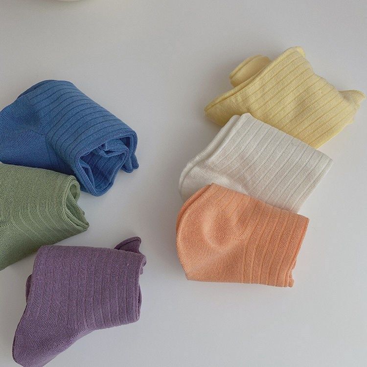 Socks children cream stripe curling socks candy color ins Japanese solid color simple versatile medium tube socks Student Korean version