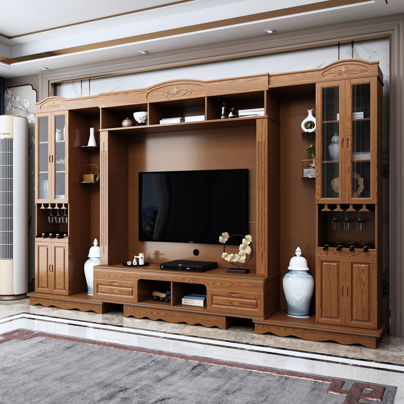 客厅实木电视柜组合背景墙柜伸缩中式影视柜酒柜一体高款电视墙柜