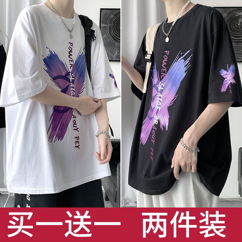 港風塗鴉印花炸街t恤男潮流寬鬆短袖2022新款潮ins學生半袖情侶裝