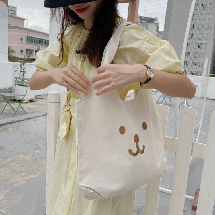 Bag female  new canvas bag cute embroidery bear student large capacity class shoulder bag handbag