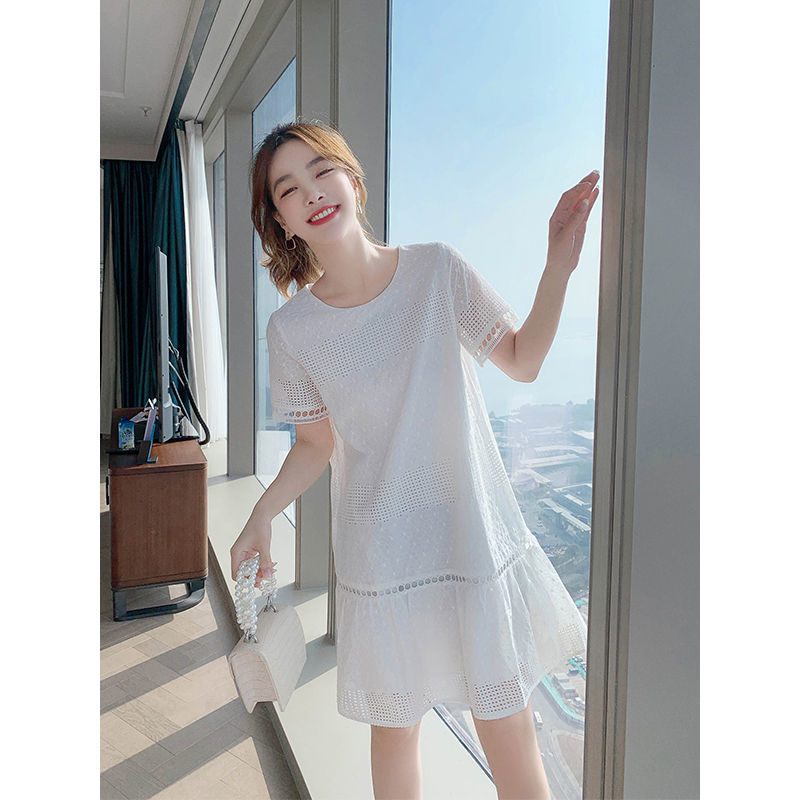 超仙法式纯棉白色气质连衣裙女夏季新款洋气小个子蕾丝裙子
