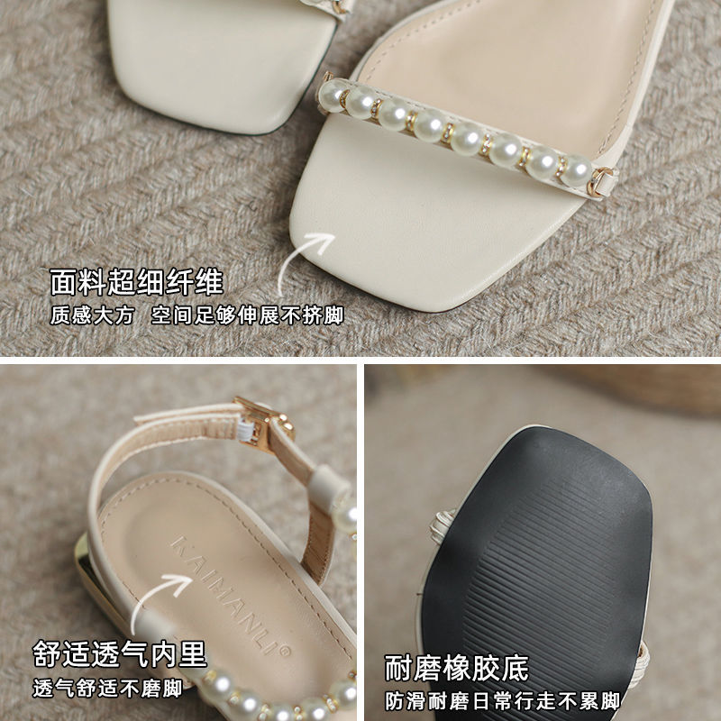 One word belt fashion sandals female spring  new fairy style thick heel low heel Roman shoes fashion pearl women's shoes