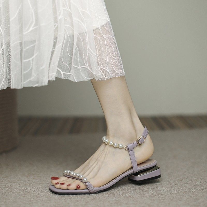One word belt fashion sandals female spring  new fairy style thick heel low heel Roman shoes fashion pearl women's shoes
