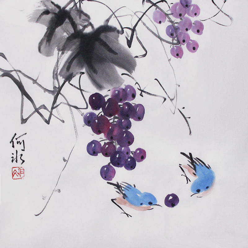 原创手绘写意花鸟画葡萄国画斗方餐厅装饰画收藏字画宣纸水墨画芯