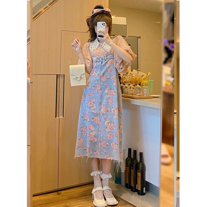 復古牛仔背帶連衣裙夏季2021新款設計感收腰顯瘦中長款碎花裙子女