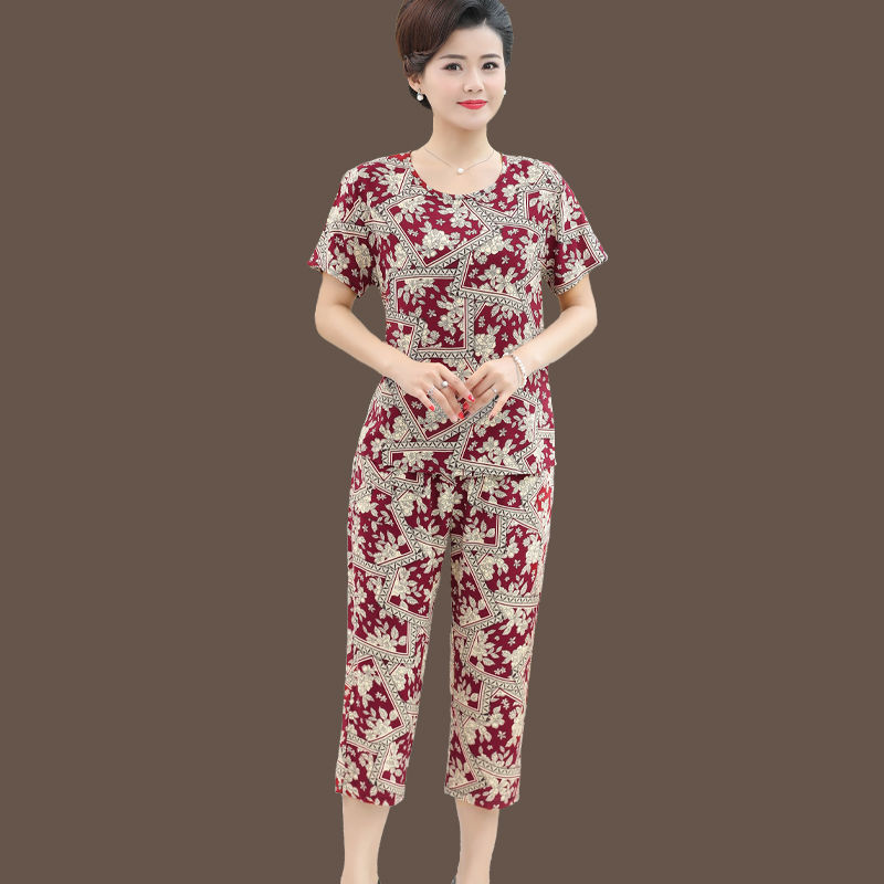 Middle-aged and elderly women's summer cotton silk pajamas thin section two-piece mother's clothing artificial cotton large size short-sleeved home service suit