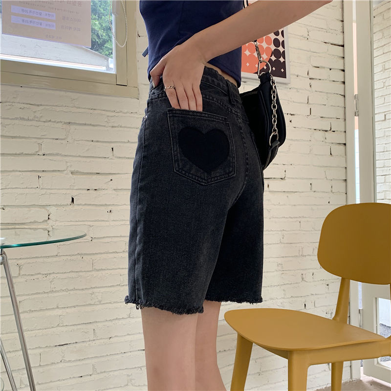 設計感愛心五分牛仔短褲女夏季薄款大碼韓版直筒寬鬆中褲闊腿馬褲