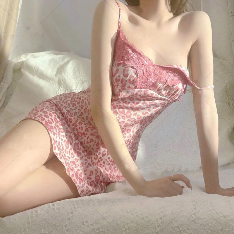 Summer 2021 new women's leopard print pajamas silk belt chest pad nightdress sexy lace ice silk thin suspender skirt
