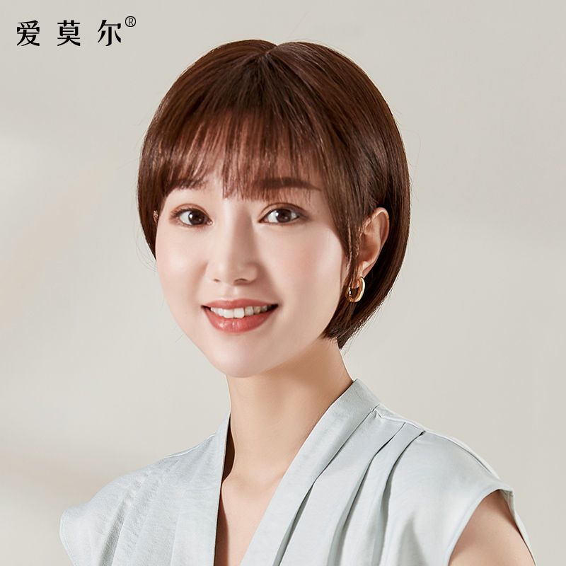 假发女短发全头套式真人真发自然妈妈圆脸波波头假发套女真人发丝