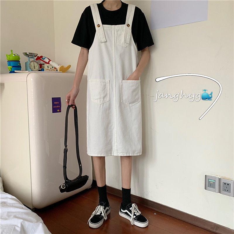 白色牛仔背帶裙女夏天新款大碼胖mm中長款裙子顯瘦吊帶連衣裙
