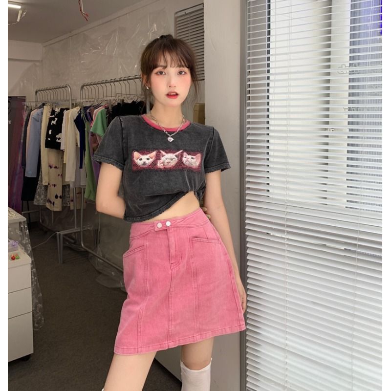 胖mm大码粉色牛仔半身裙女春2022新款高腰宽松显瘦百搭a字短裙子