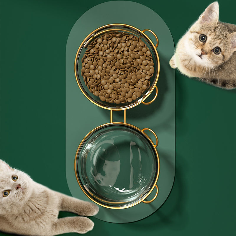 猫碗玻璃双碗宠物狗碗猫食盆猫咪碗食碗猫粮碗饭碗宠物猫咪用品