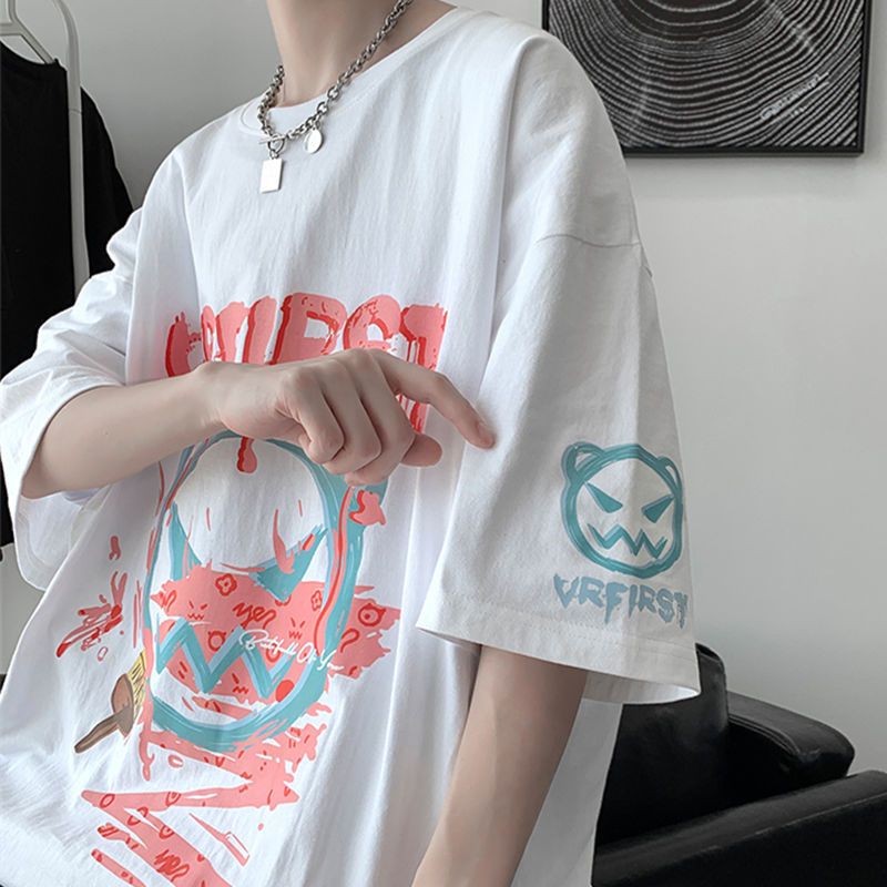 100%純棉夏季男士短袖t恤港風大碼寬鬆圓領打底衫男女款五分袖T恤