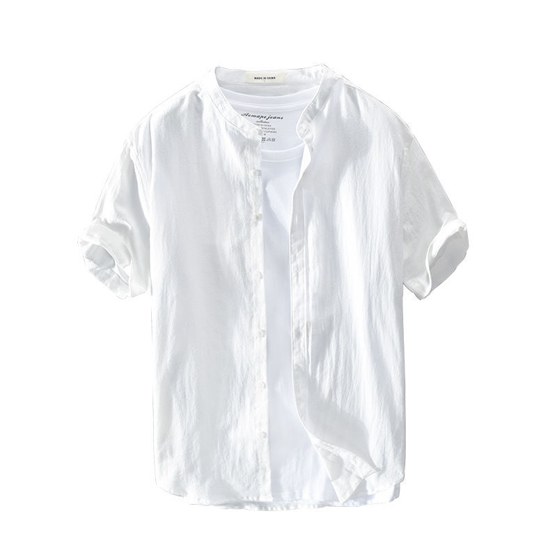 日系立领棉麻短袖衬衫男士夏季薄款青年圆领宽松半袖亚麻衬衣白色