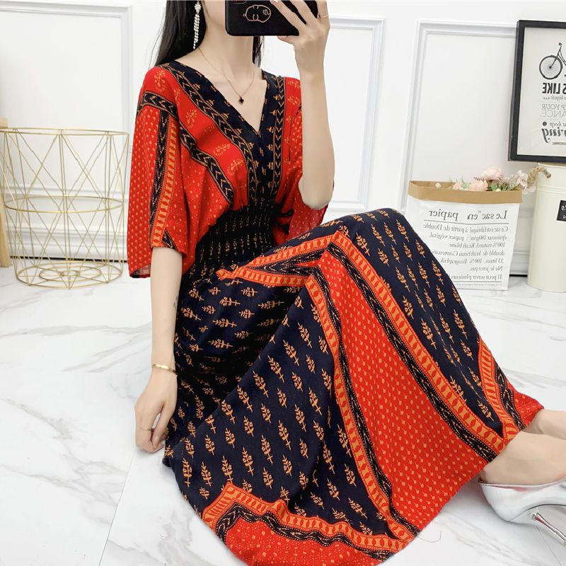 2020 New Summer Ethnic Style Cotton Silk Floral Dress Holiday Rayon Fairy Dress Large Size Printed Retro Long Dress