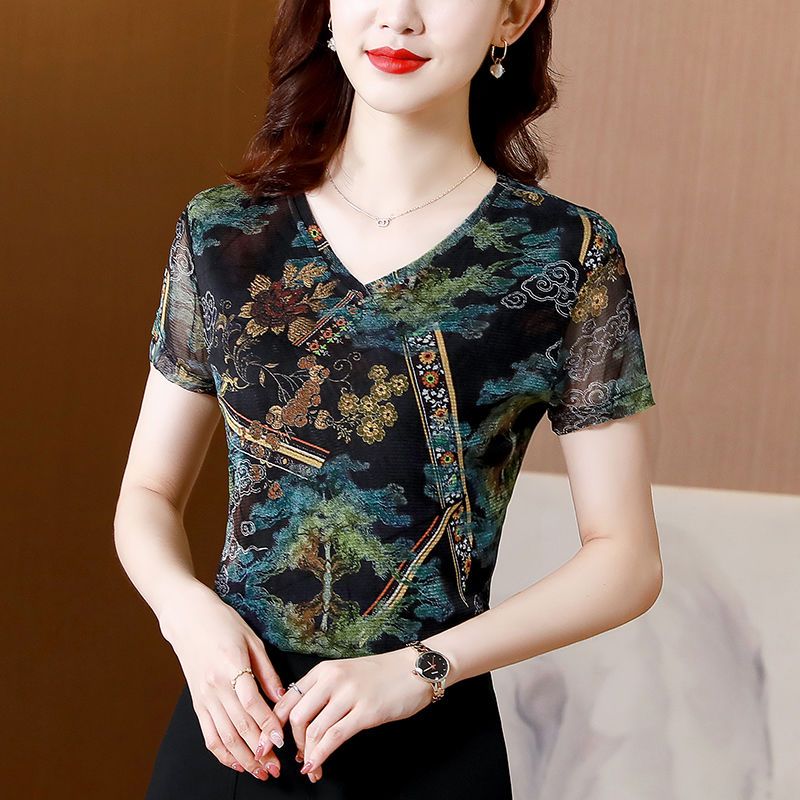 V領印花網紗打底衫女2021夏季新款短袖T恤高彈修身顯瘦透氣上衣