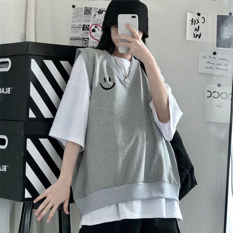 One piece / suit summer printed Vest + short sleeve t-shirt female ins college Korean loose two piece suit