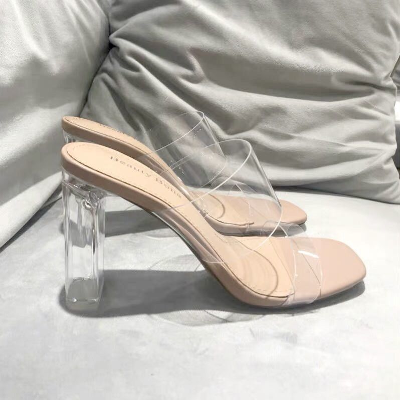 高跟鞋 2022新款ins網紅透明水晶高跟鞋外穿度假一字帶涼拖鞋