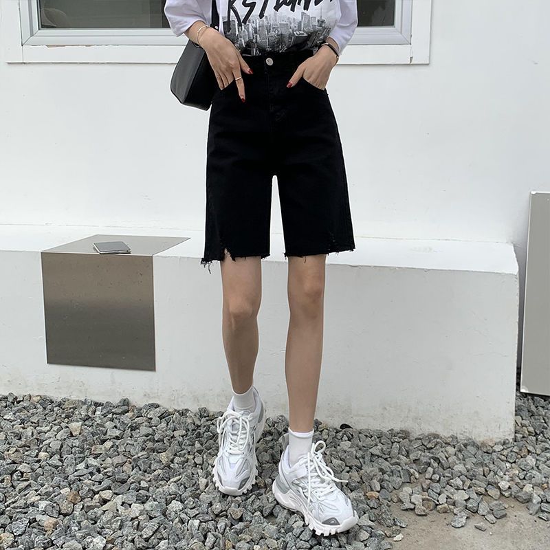 黑色五分短裤女高腰韩版夏季2021年新款紧身显瘦直筒骑行牛仔裤潮