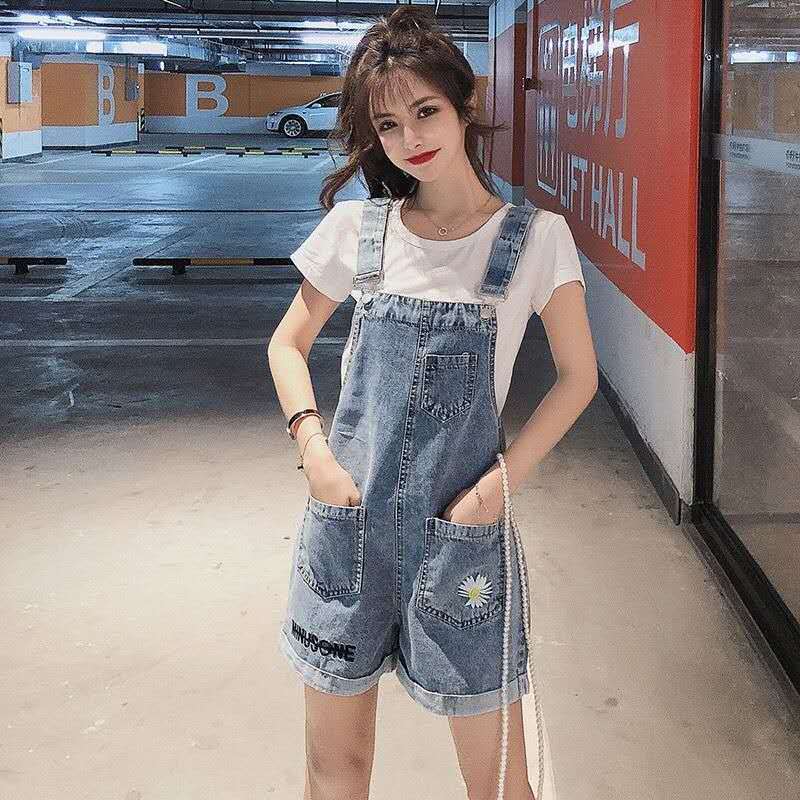 Denim suspenders women's 2022 summer new Korean casual loose large net red thin one-piece shorts hot pants