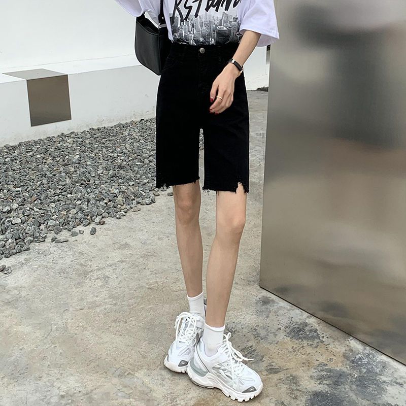 黑色五分短裤女高腰韩版夏季2021年新款紧身显瘦直筒骑行牛仔裤潮