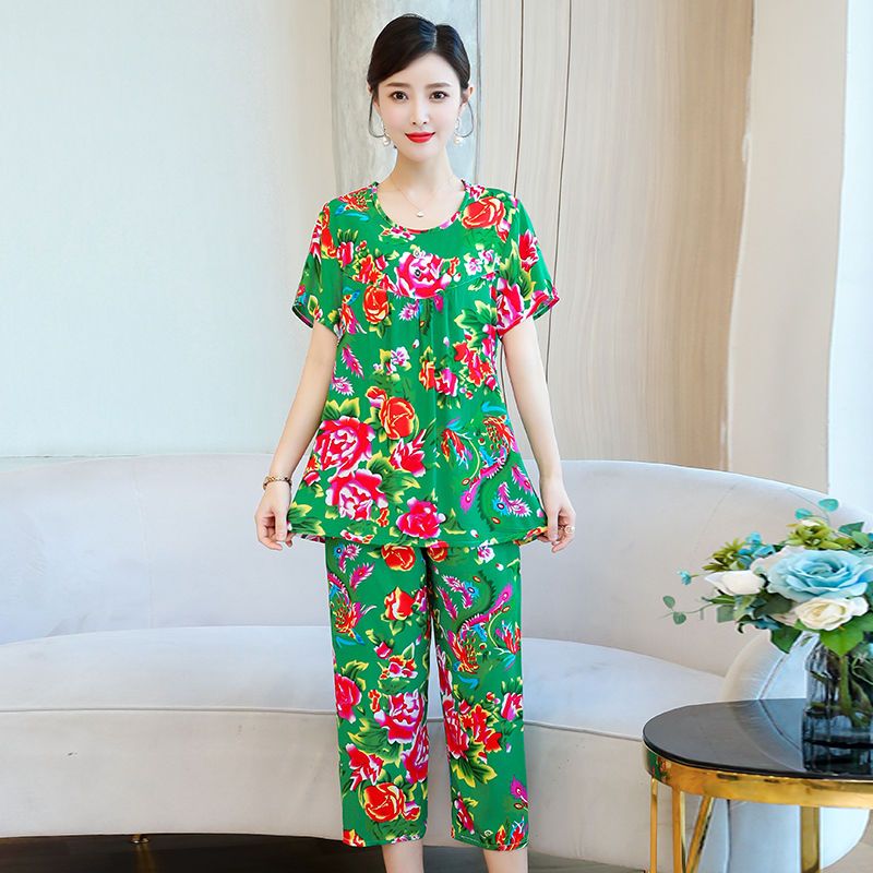 Cotton silk pajamas women's summer home service two-piece middle-aged and elderly mothers wear artificial cotton short-sleeved pajamas suit for outside wear