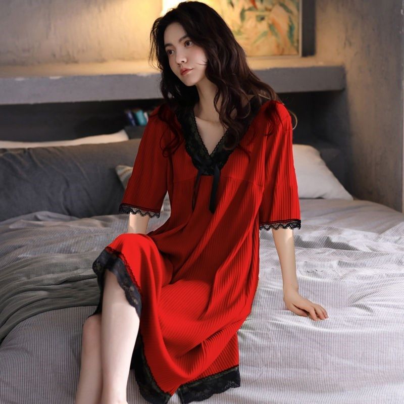 Modal nightdress women's summer pure cotton sexy pajamas women's spring and autumn long section over the knee large size loose red home service