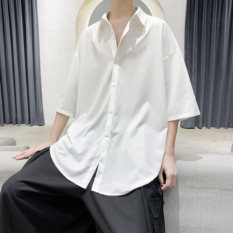 2021 trendy brand summer Hong Kong style black drape ice silk shirt short-sleeved men's trendy handsome loose Korean jacket