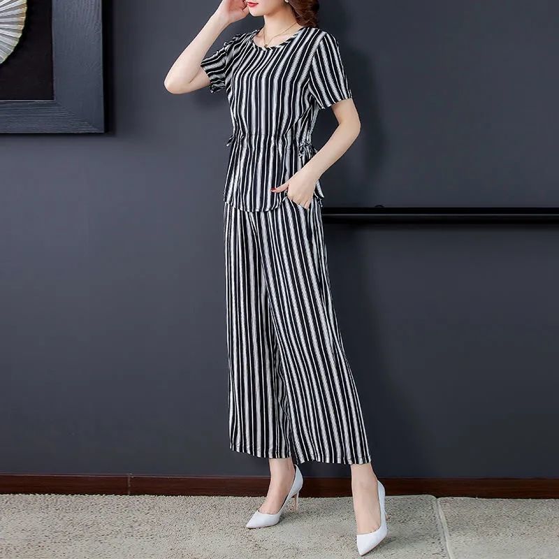 Fat mm loose large size casual wide-leg pants suit summer new mother dress belly-covering trousers two-piece set 300 catties