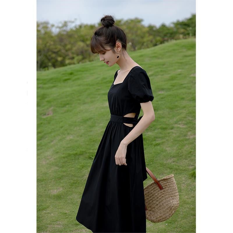 [High Quality] Hollow Puff Sleeve Square Neck Dress Women's Summer French-style Niche Temperament Waist Mid-length Skirt
