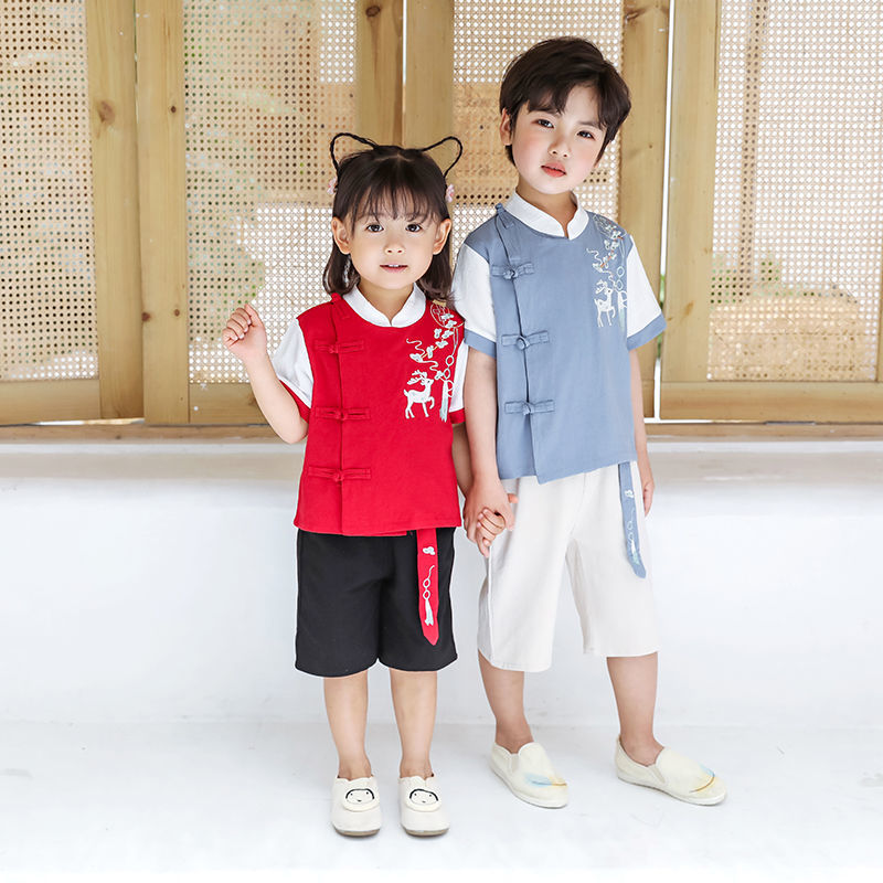 汉服男童夏短袖中国风复古套装男宝宝古风夏季古装两件套儿童唐装