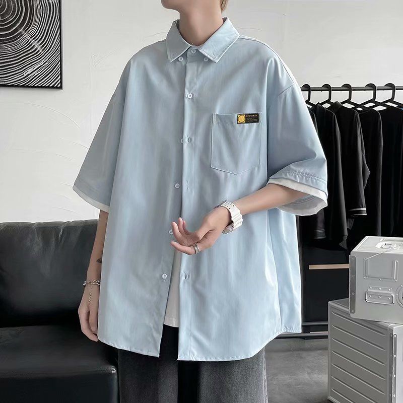Hong Kong style Japanese summer thin shirt short-sleeved boys and girls all-match fake two-piece shirt loose casual trend jacket
