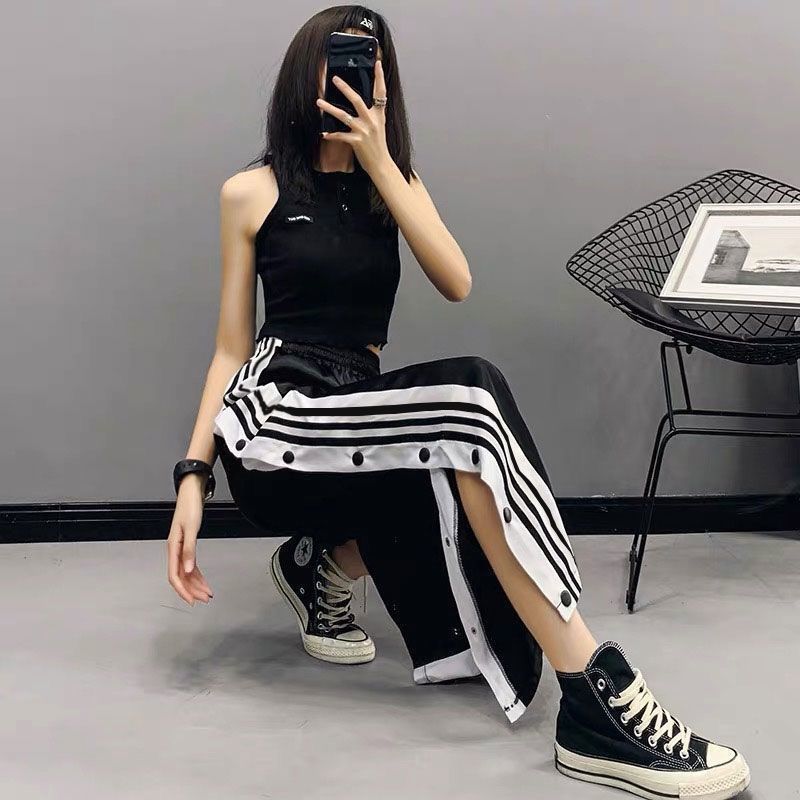 Spring and autumn new sports pants men's and women's side-opening buttons straight wide-leg pants loose casual drape button-down pants couple tide