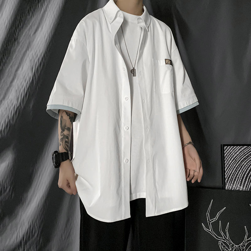 Fake two-piece short-sleeved shirt male Korean version loose all-match trend casual half-sleeved shirt summer student trend jacket