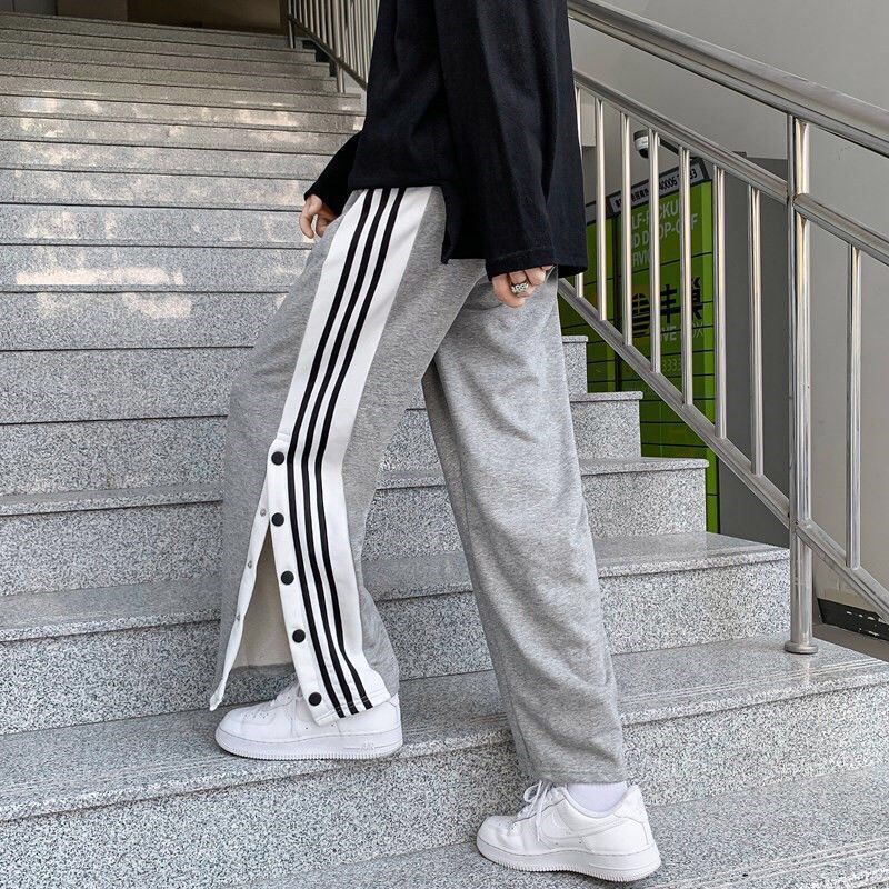 Spring and autumn new sports pants men's and women's side-opening buttons straight wide-leg pants loose casual drape button-down pants couple tide