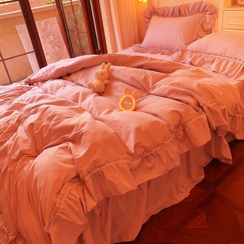 韩版ins床裙四件套纯色花边被套公主风水洗棉小清新床单床上用品