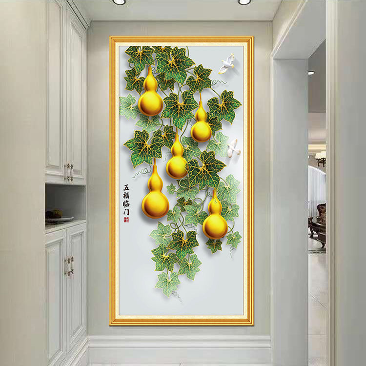 五福临门玄关装饰画入户走廊尽头过道进门墙贴挂画葫芦壁画招财画