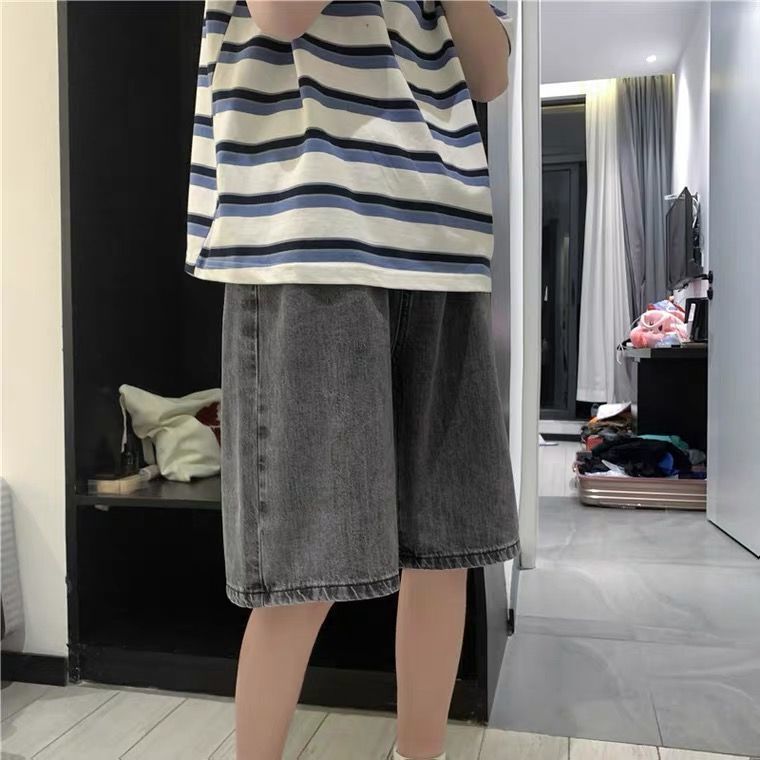 Hong Kong style retro summer thin denim shorts men's trendy ins all-match loose straight Korean student five-point pants