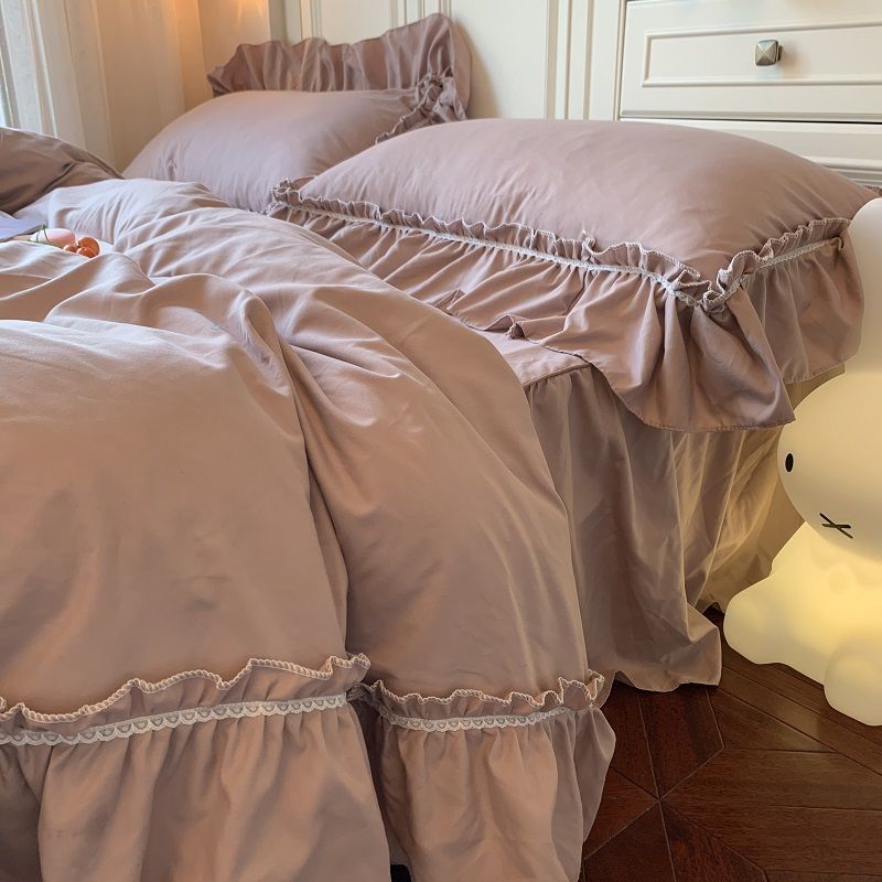 韩版ins床裙四件套纯色花边被套公主风水洗棉小清新床单床上用品